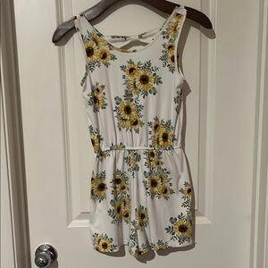 White and Yellow Sunflower Print Romper with Elastic Waist